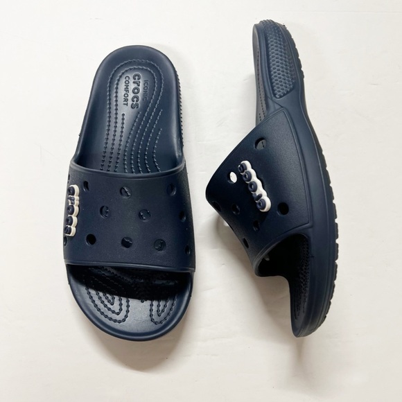 CROCS Womens Navy Blue Classic V2 Slide With Croc Jibbitz Sandal Size 11 - Picture 1 of 7
